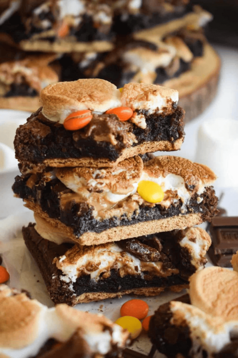 Air Fryer S'mores Brownies cut into squares with toasted golden marshmallow tops
