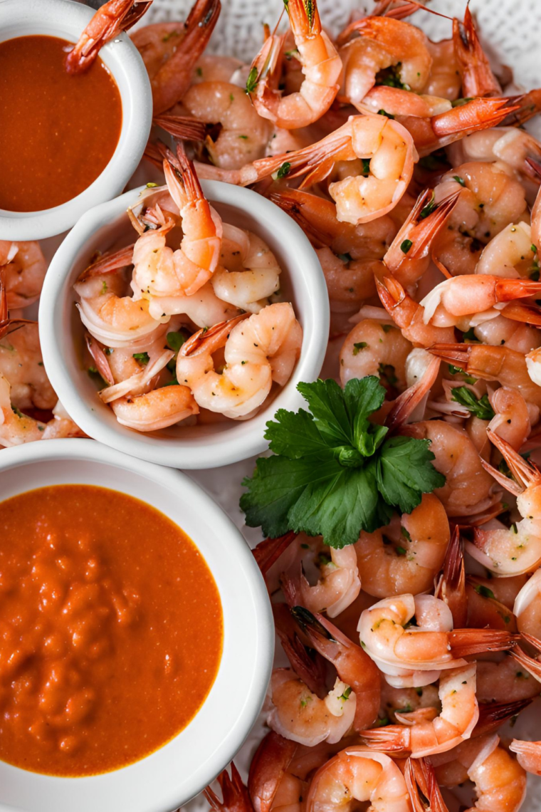 Bowl of homemade cocktail sauce without horseradish served with shrimp on a platter