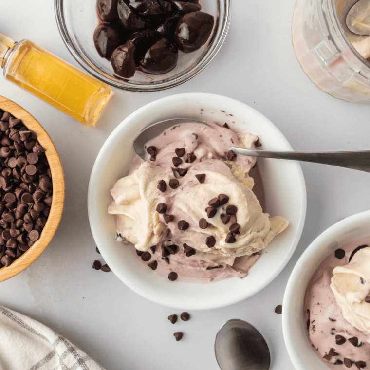 Ninja Creami Boozy Cherry Garcia Ice Cream on kitchen table.