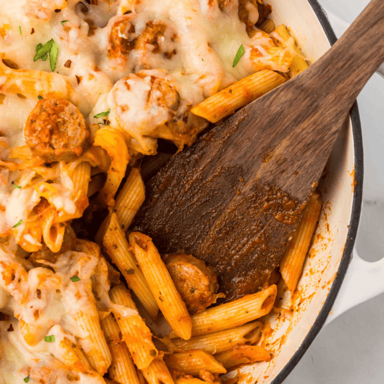 skillet sausage pasta with Trader Joe’s chicken sausage and tomatoes