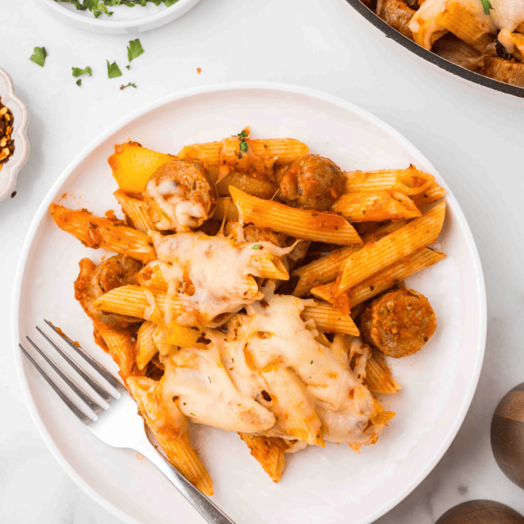 creamy sausage pasta skillet using Trader Joe’s ingredients