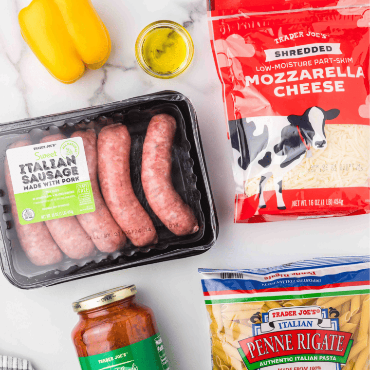 Ingredients needed for Trader Joe’s Sausage Pasta (Quick One-Pan Dinner) on kitchen table.