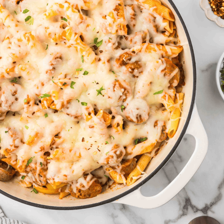 creamy sausage pasta skillet using Trader Joe’s ingredients