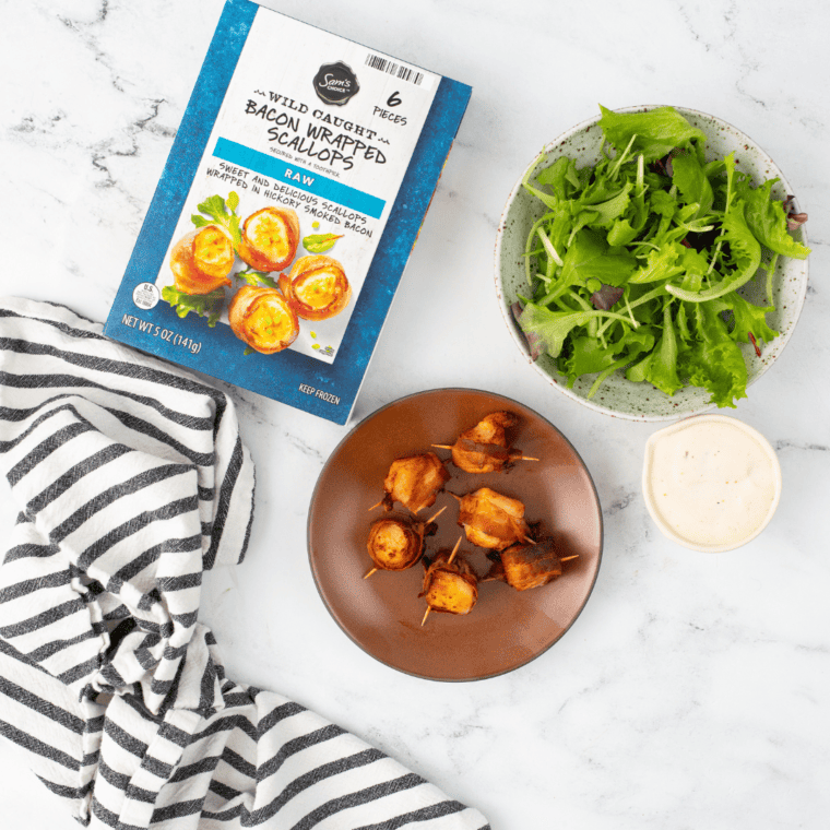 Frozen bacon-wrapped scallops cooked in the air fryer, golden and crispy.