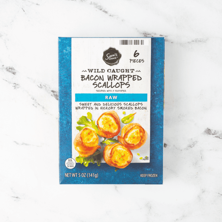 Ingredients needed for Frozen Bacon Wrapped Scallops In Air Fryer on kitchen table.