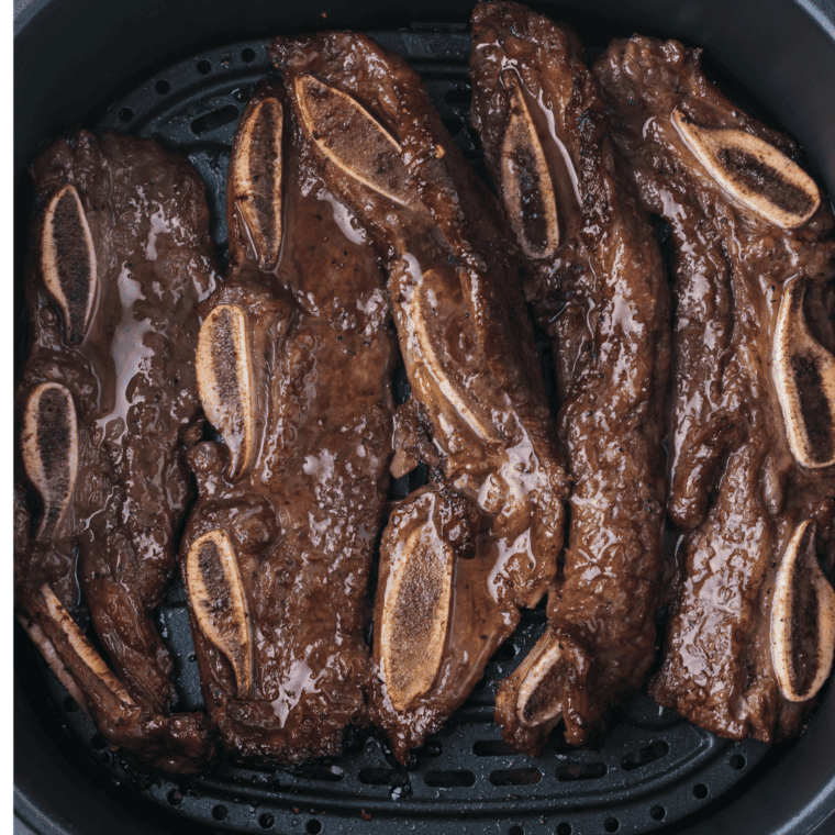 Cooked Easy Air Fryer Trader Joe’s Korean Short Ribs in the air fryer basket.