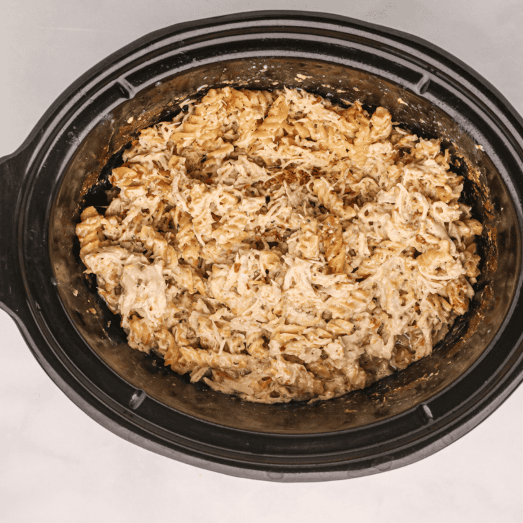 Finished garlic parmesan chicken pasta thickened in the crockpot