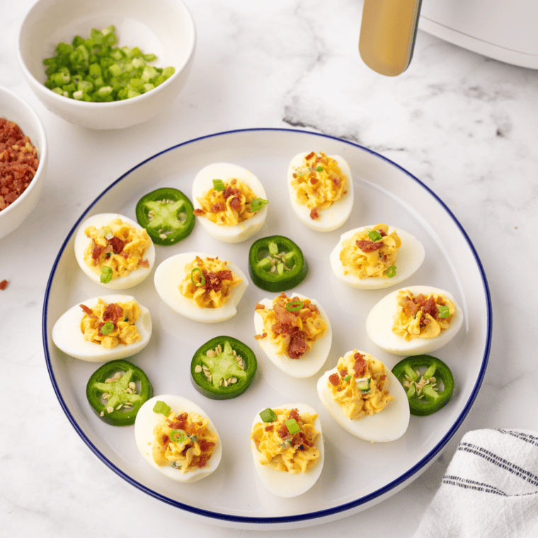 Close-up of bacon jalapeño deviled eggs topped with fresh jalapeño slices and paprika on a white plate