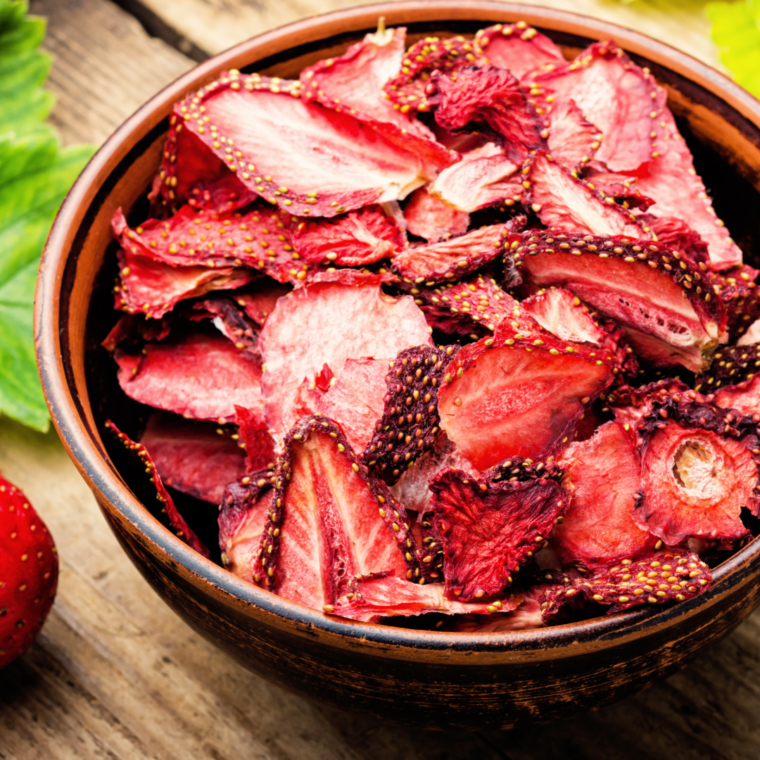 Air Fryer Dehydrated Strawberries in a bowl.