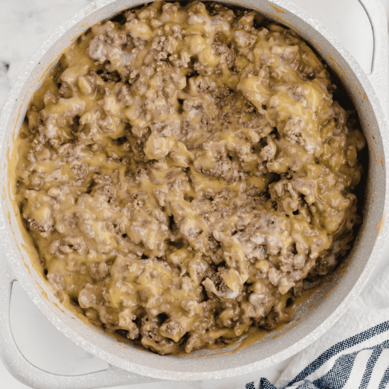 Stirring cream of mushroom and cheddar soup into cooked ground beef