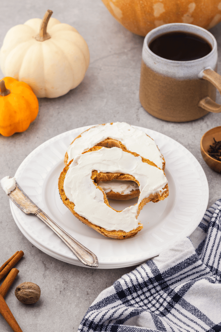 Air fryer pumpkin bagels with a sprinkle of cinnamon sugar on top, highlighting their seasonal appeal