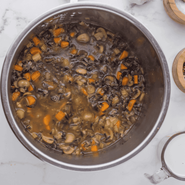 Cooked Chicken Wild Rice Soup in the Instant Pot.