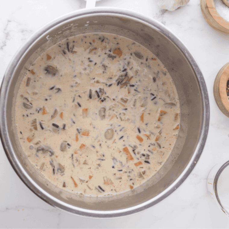 Cooked Instant Pot Panera Bread Chicken Wild Rice Soup in the Instant Pot.