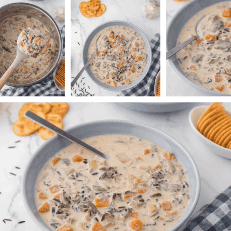 Instant Pot Panera Bread copycat chicken wild rice soup in a bowl, creamy and hearty, garnished with fresh parsley.