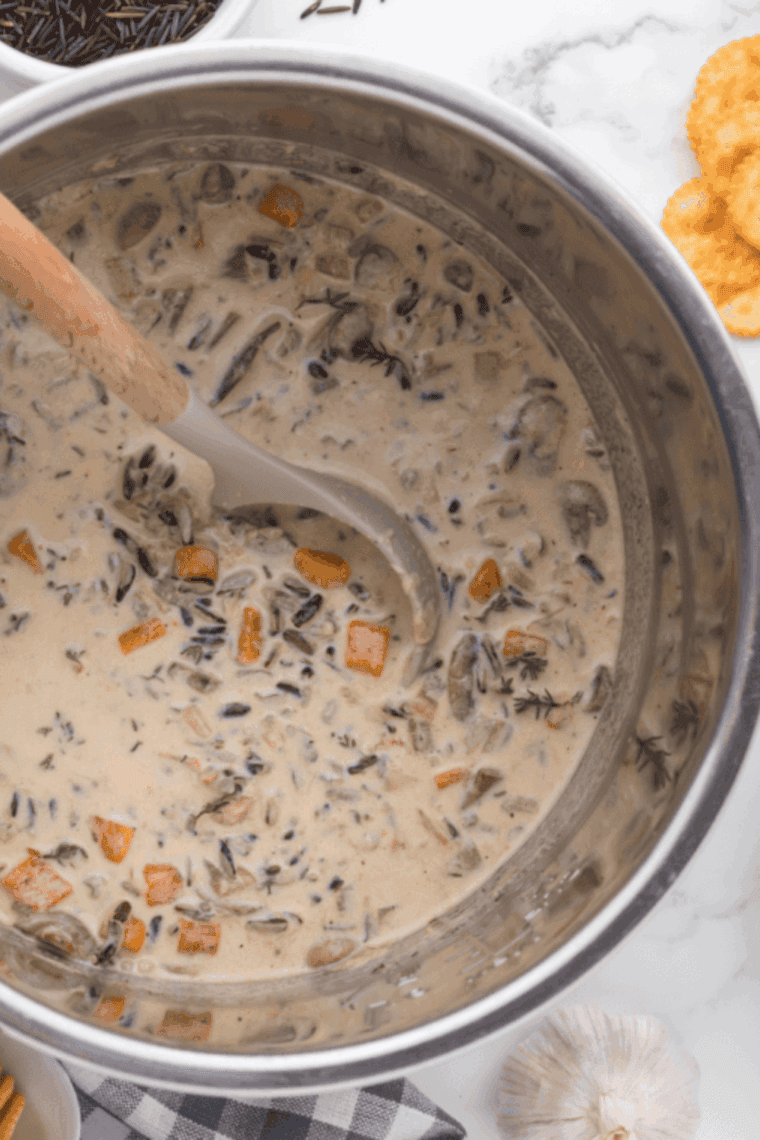Bowl of creamy Instant Pot Panera Bread copycat chicken wild rice soup with tender chicken, wild rice and vegetables topped with fresh parsley.