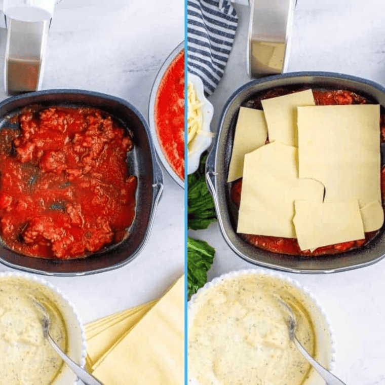 Building air fryer lasagna layers: marinara sauce spread on bottom of baking dish topped with no-boil lasagna noodles