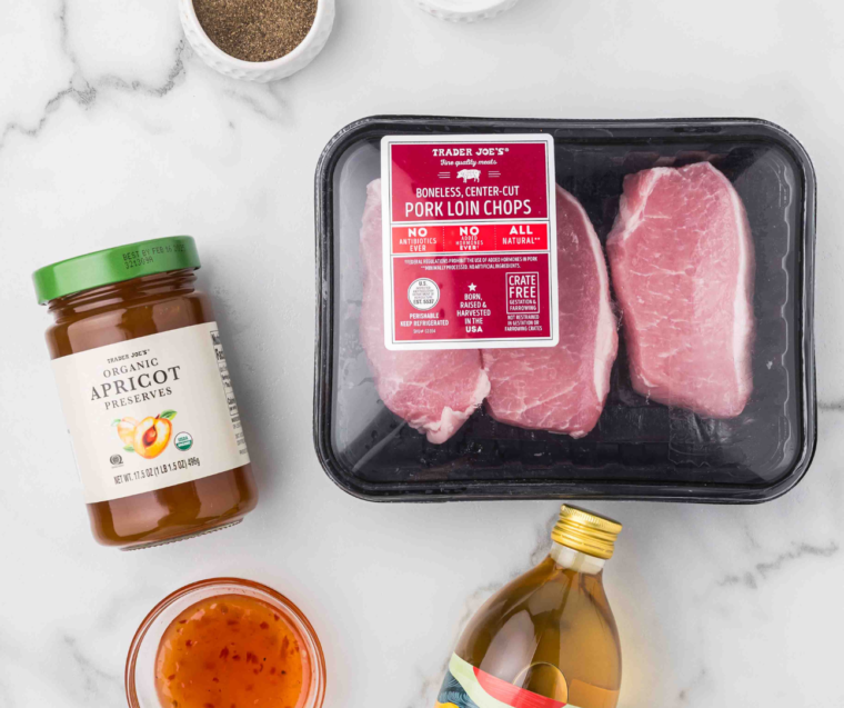 Ingredients for air fryer apricot pork chops: pork chops, apricot preserves, sweet and sour sauce