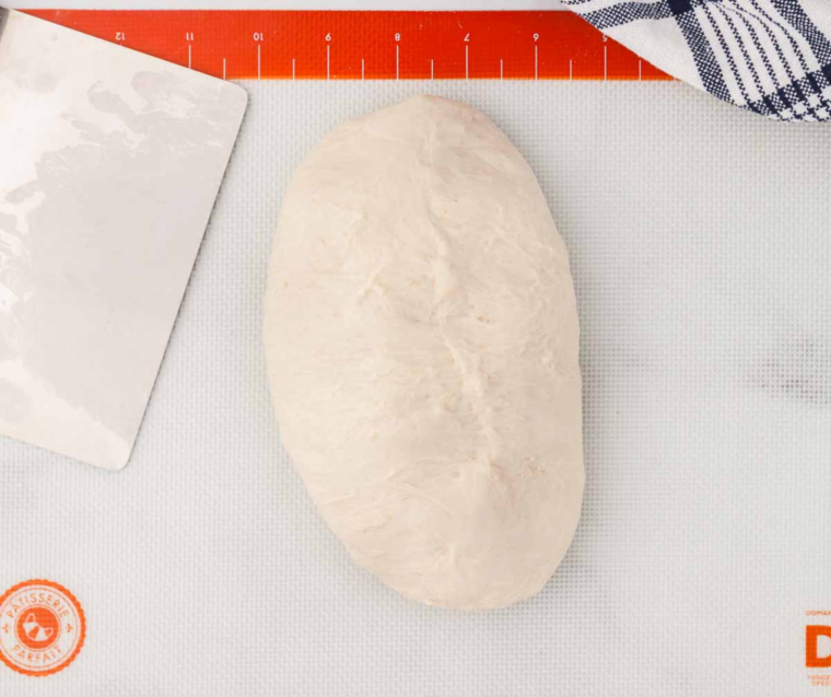 Sourdough bread dough rising in a greased bowl covered with plastic wrap