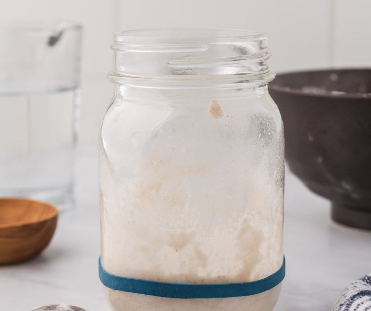Bubbly active sourdough starter doubled in size, ready for air fryer bread baking