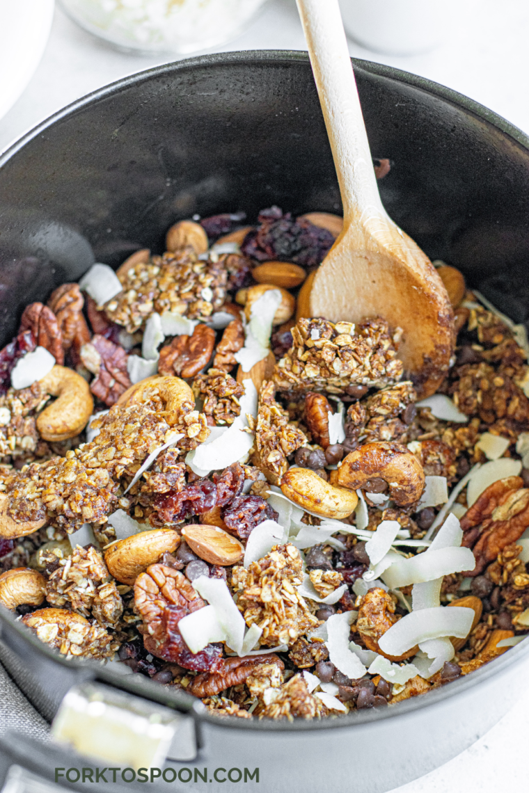 Golden toasted air fryer muesli in the basket after cooking