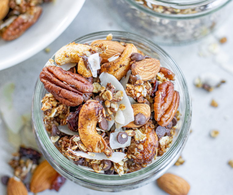 Cooled toasted muesli with raisins and cranberries stirred in