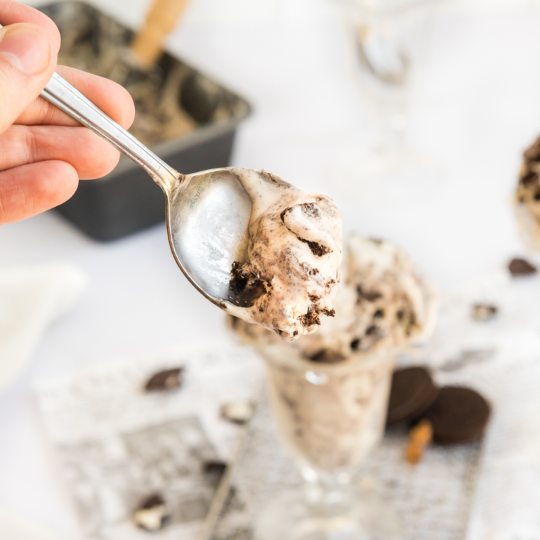 Creamy Ninja Creami Cookies and Cream ice cream with chocolate cookie bits.