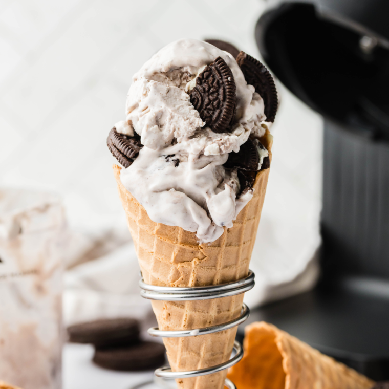 Homemade Ninja Creami Cookies and Cream Ice Cream served in a bowl with a spoon.