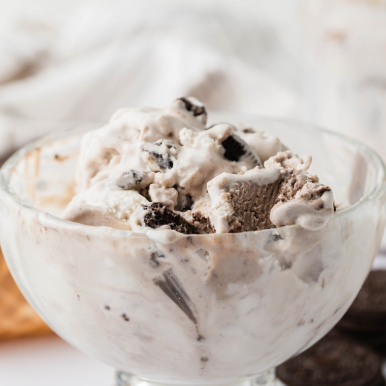 Creamy Ninja Creami Cookies and Cream Ice Cream with chunks of chocolate cookies.
