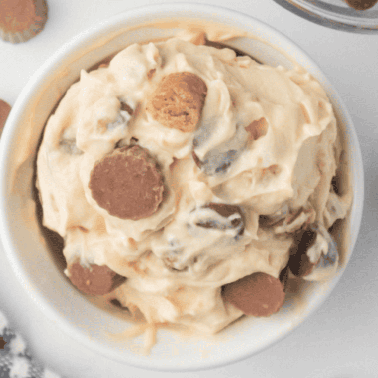 Bowl of Ninja Creami Reese's Ice Cream on kitchen counter.