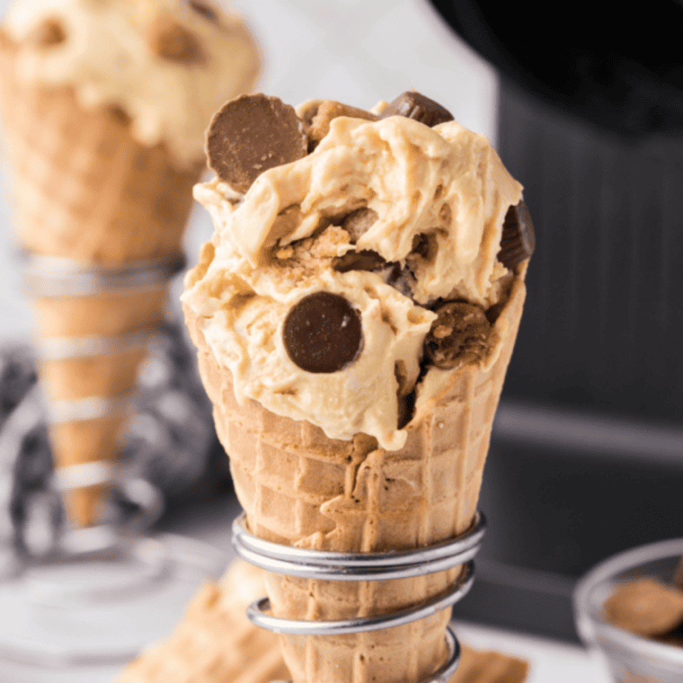 Delicious Ninja Creami Reese’s Ice Cream with peanut butter and chocolate swirls.