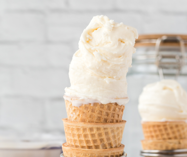 "Delicious Ninja Creami Vanilla Soft Serve ice cream served in a cone."