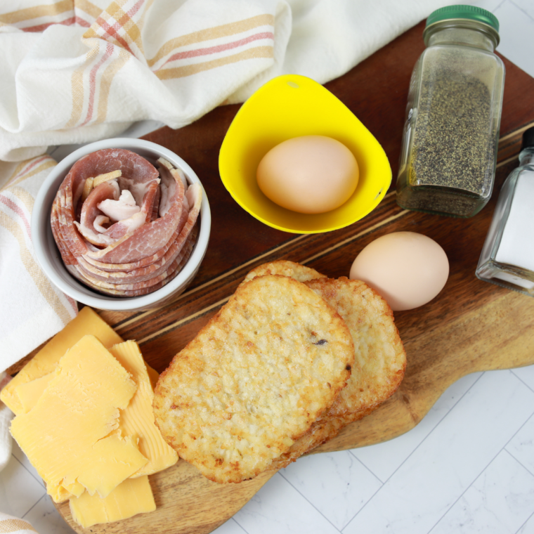 Ingredients Needed For Air Fryer Hash Brown Breakfast Sandwiches on kitchen table.