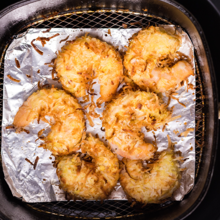 "Close-up of golden brown Kirkland Panko Shrimp cooked in an air fryer."