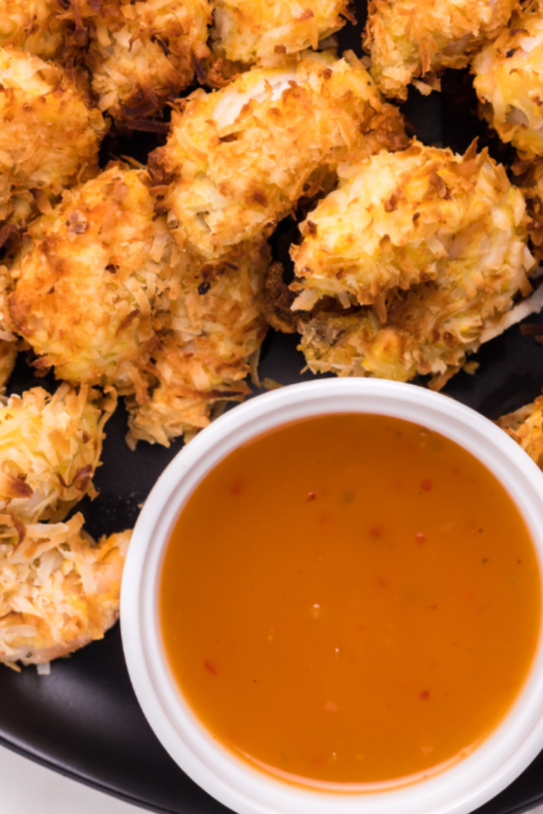 "Close-up of golden brown Kirkland Panko Shrimp cooked in an air fryer."