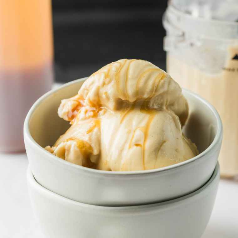 White bowl of Ninja Creami Starbucks Caramel Ribbon Crunch Frappuccino Ice Cream