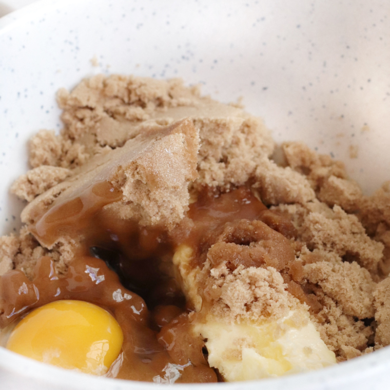Mix wet ingredients into the dry ingredients.