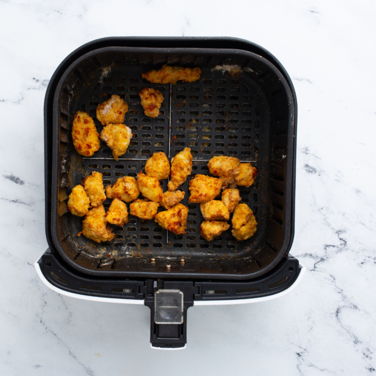 Golden, crispy Longhorn spicy chicken bites fresh from the air fryer
