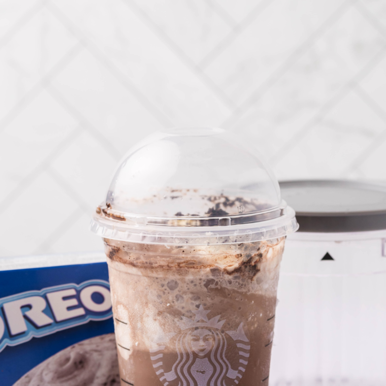 Ingredients needed for Ninja Creami Mocha Cookie Crumble Ice Cream on kitchen table.