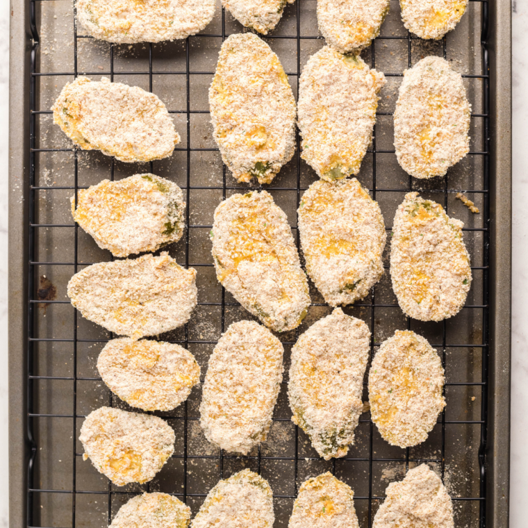 Air fryer basket sprayed with cooking spray, holding breaded pickle slices arranged in a single layer.
