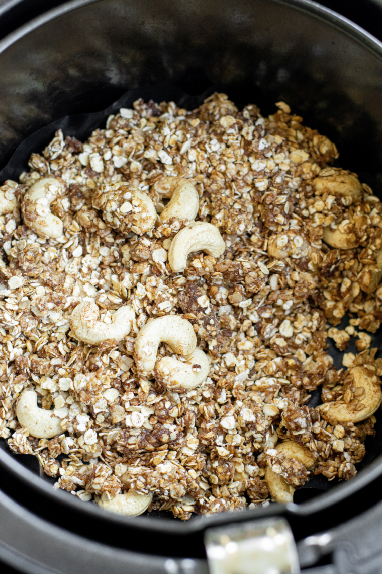 Golden, crispy protein granola fresh from the air fryer basket.