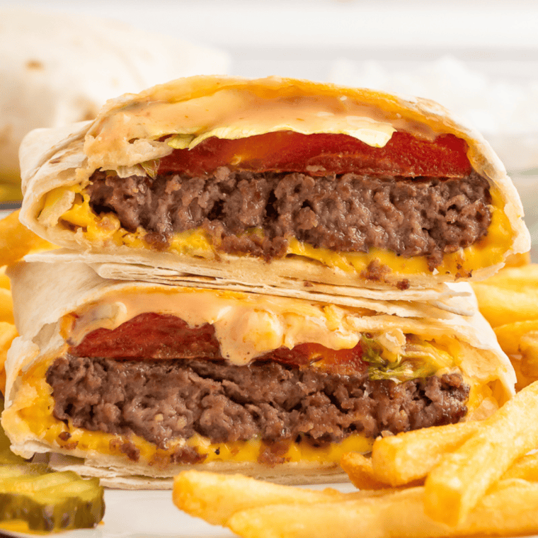 Copycat In-N-Out Burger Wrap with juicy beef patty, fresh lettuce, tomatoes, and signature sauce.