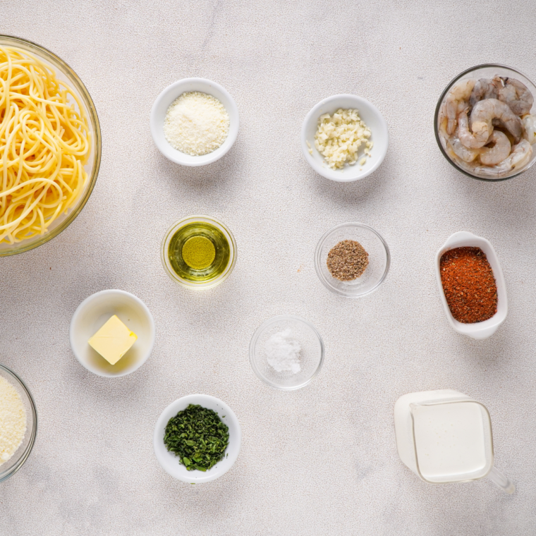 Ingredients needed for Copycat Red Lobster Shrimp Scampi on table.