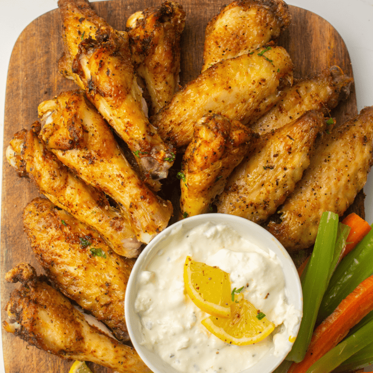 Crispy copycat Wingstop lemon pepper wings on a white plate with lemon wedges and fresh parsley.