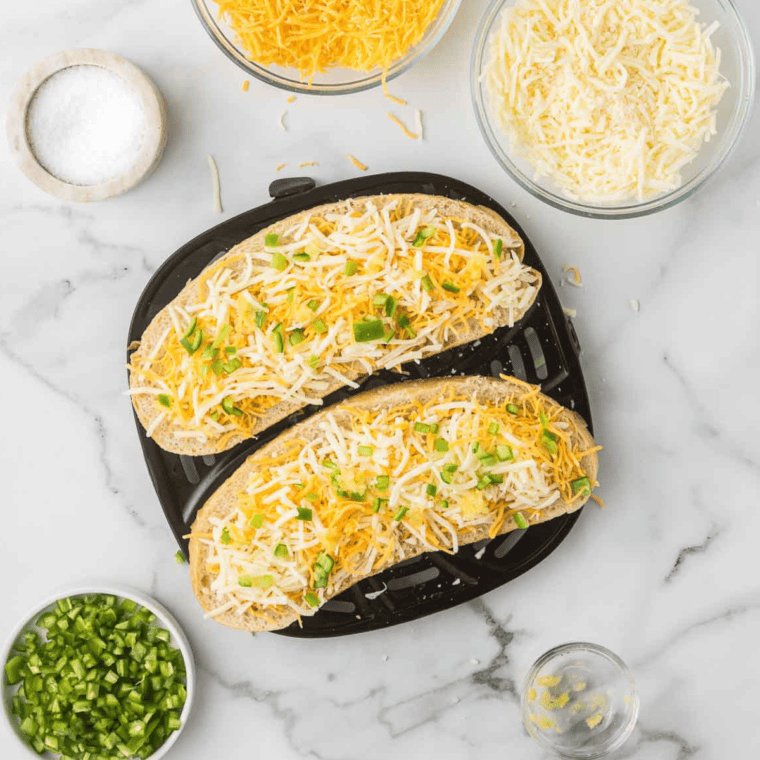 Thin serrano chile and jalapeño slices layered over cheese on sourdough toast