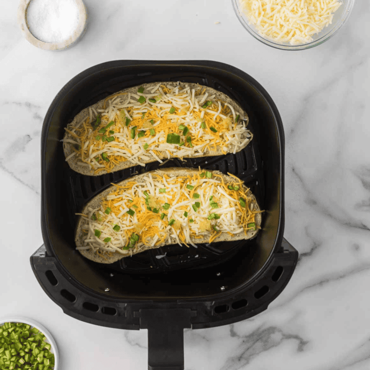 Chile cheese toast air frying at 350°F until the cheese melts and the bread turns crisp and golden