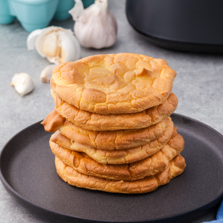Golden brown Air Fryer Keto Cloud Bread Chips served as a crispy, low-carb snack on a plate.