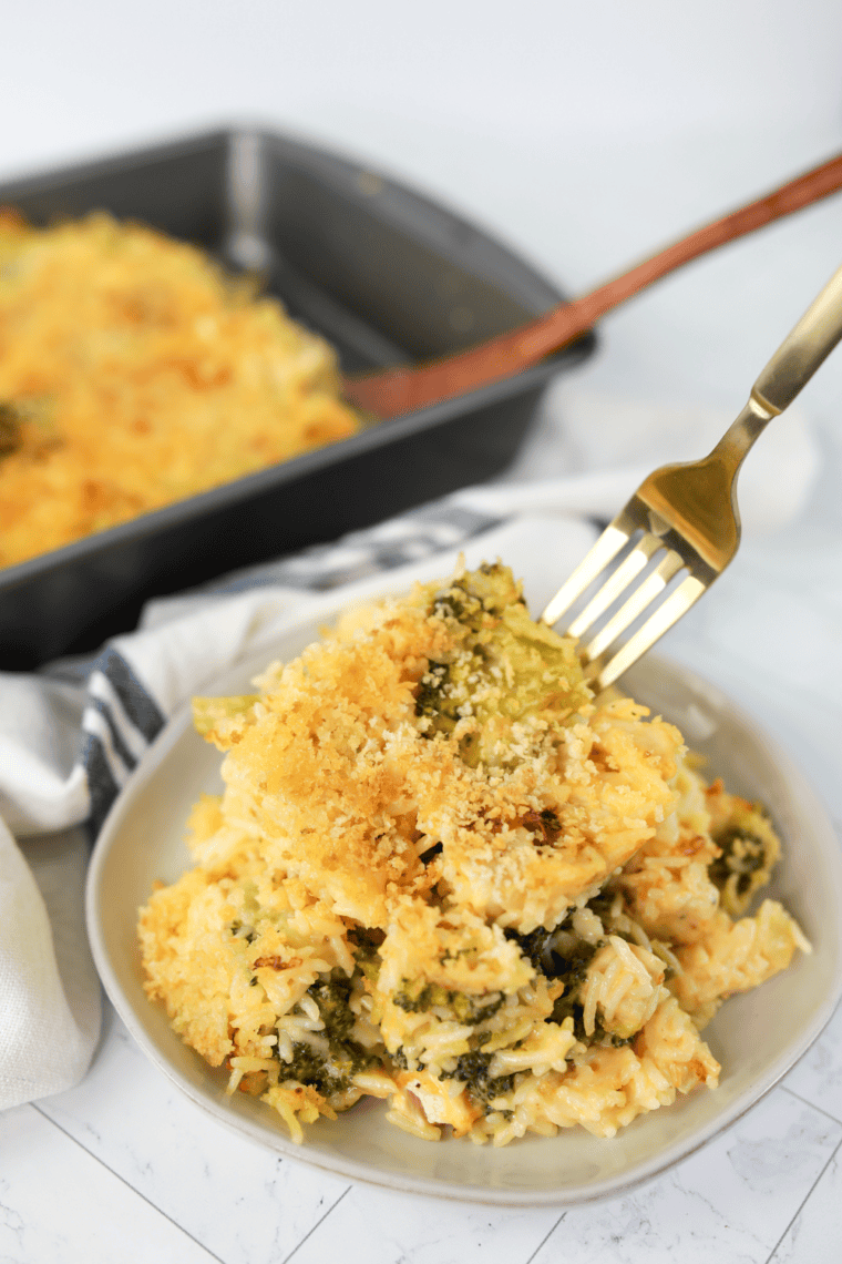 Easy air fryer chicken and broccoli casserole — creamy, cheesy weeknight dinner