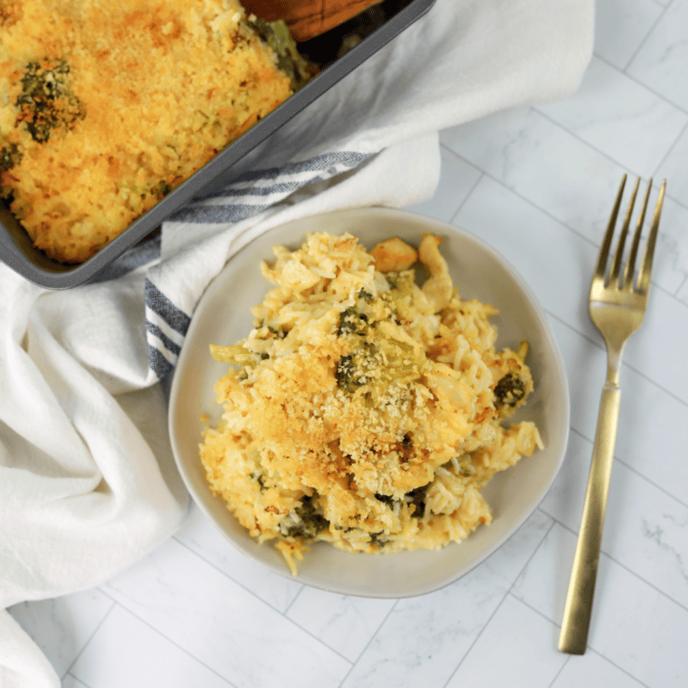 Copycat Cheddar's broccoli cheese casserole recipe with creamy cheese and a buttery cracker crust