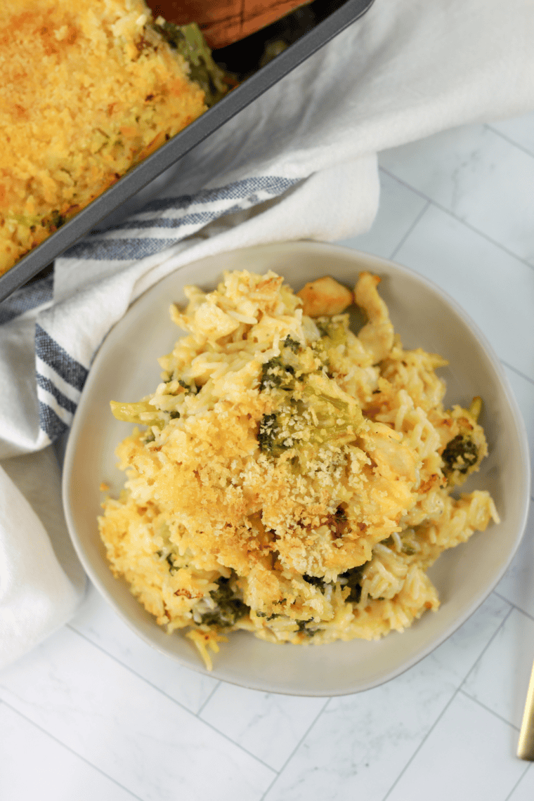 Cheddar's broccoli cheese casserole in a baking dish