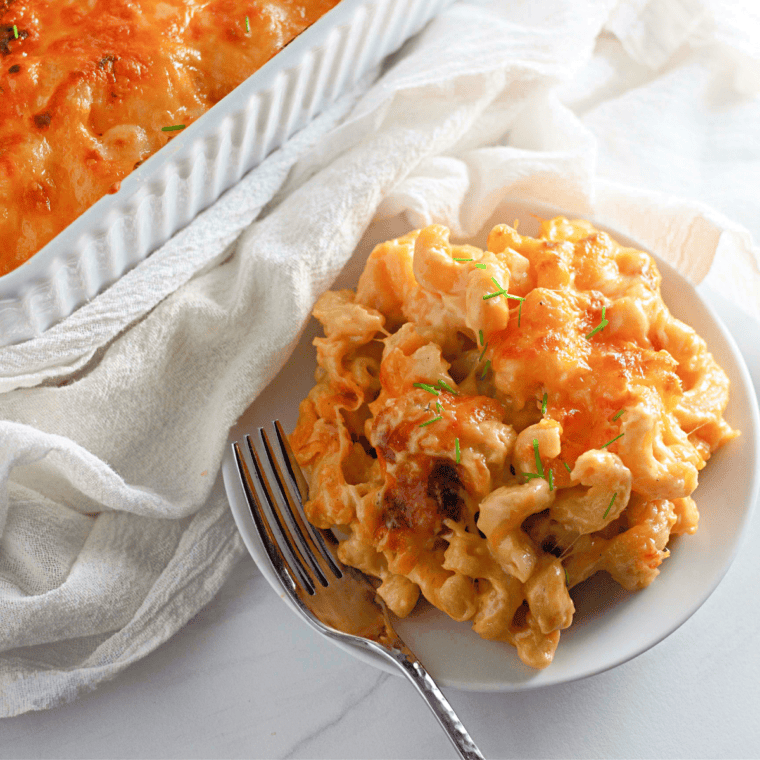 Homemade Popeyes Mac and Cheese, creamy and cheesy with a golden, bubbly topping baked to perfection.